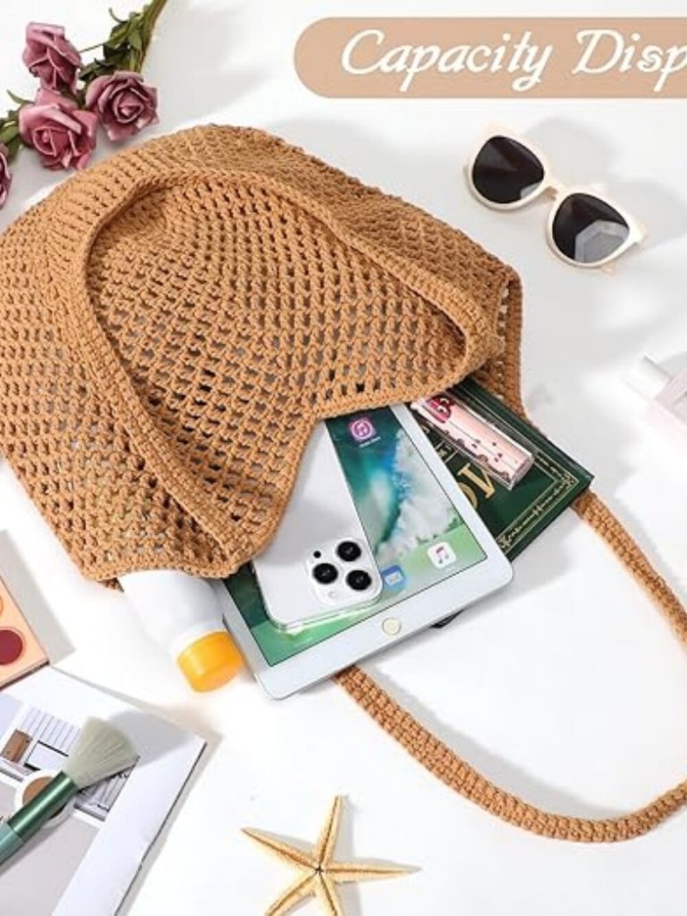 Crochet Tote Beach Bag Mesh Knit Bag Summer Vacation Aesthetic Boho Hobo - Picture 5 of 7